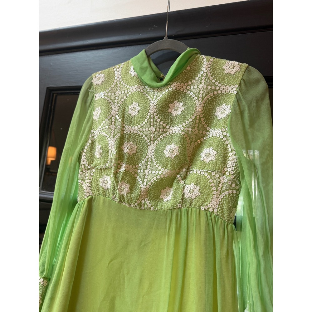 Vintage 1970s Lime Green Chiffon Dress Crochet Sequin Bodice Sheer Sleeve 70s - Picture 12 of 12